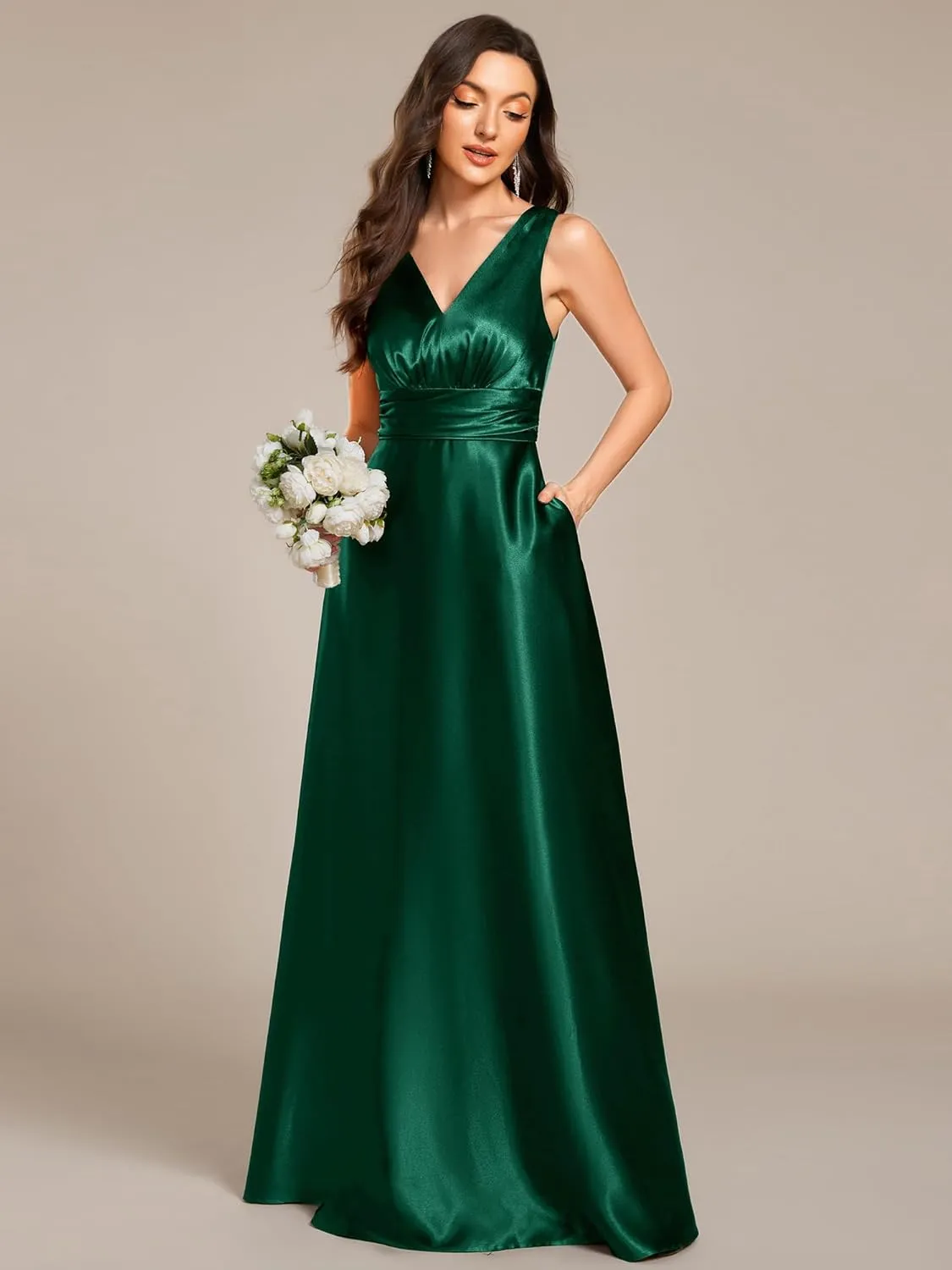 Ever-Pretty Women's Double-V-Neck Floor-Length Empire Waist Satin Formal Dress with Pockets 02326