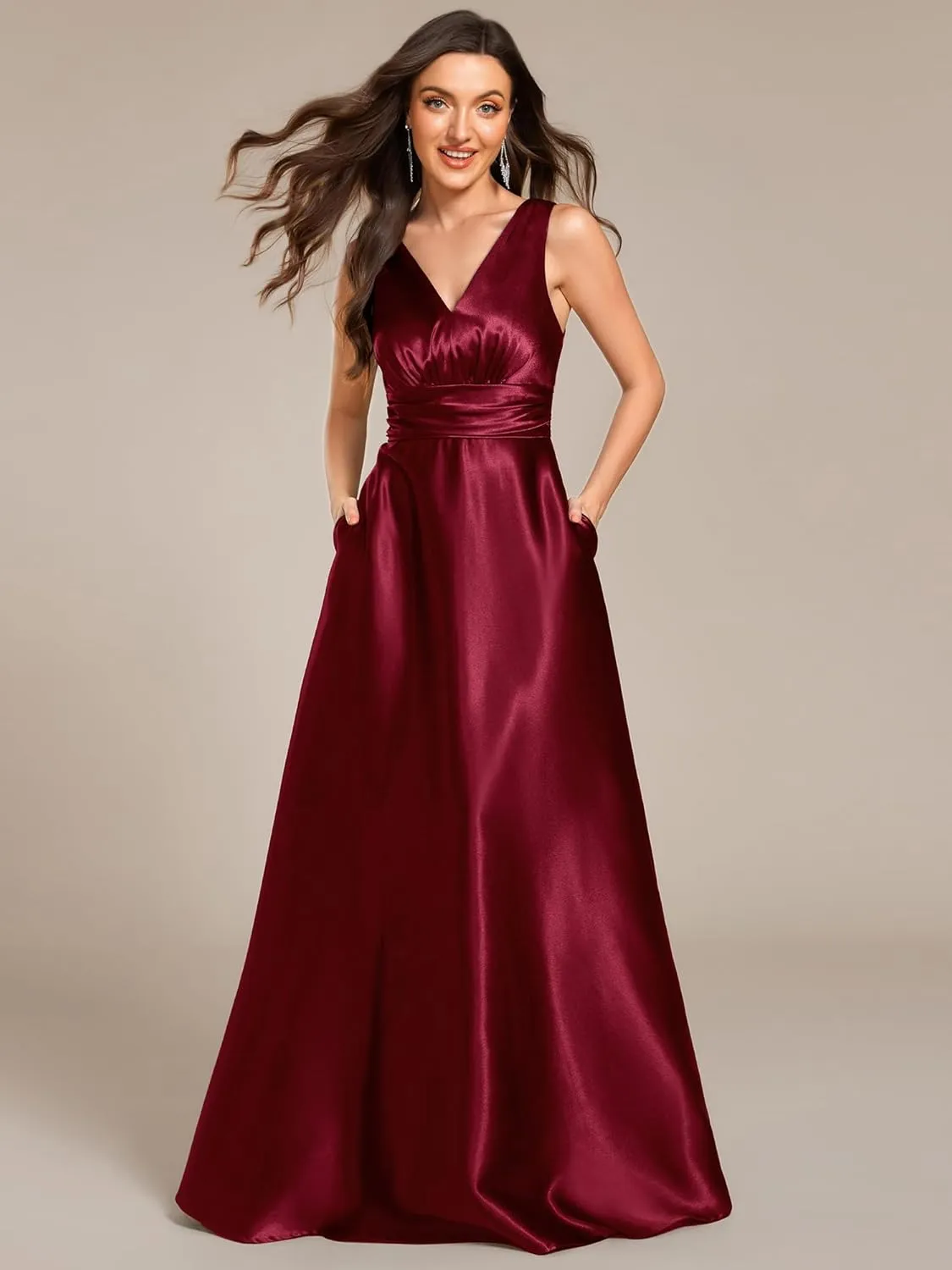 Ever-Pretty Women's Double-V-Neck Floor-Length Empire Waist Satin Formal Dress with Pockets 02326