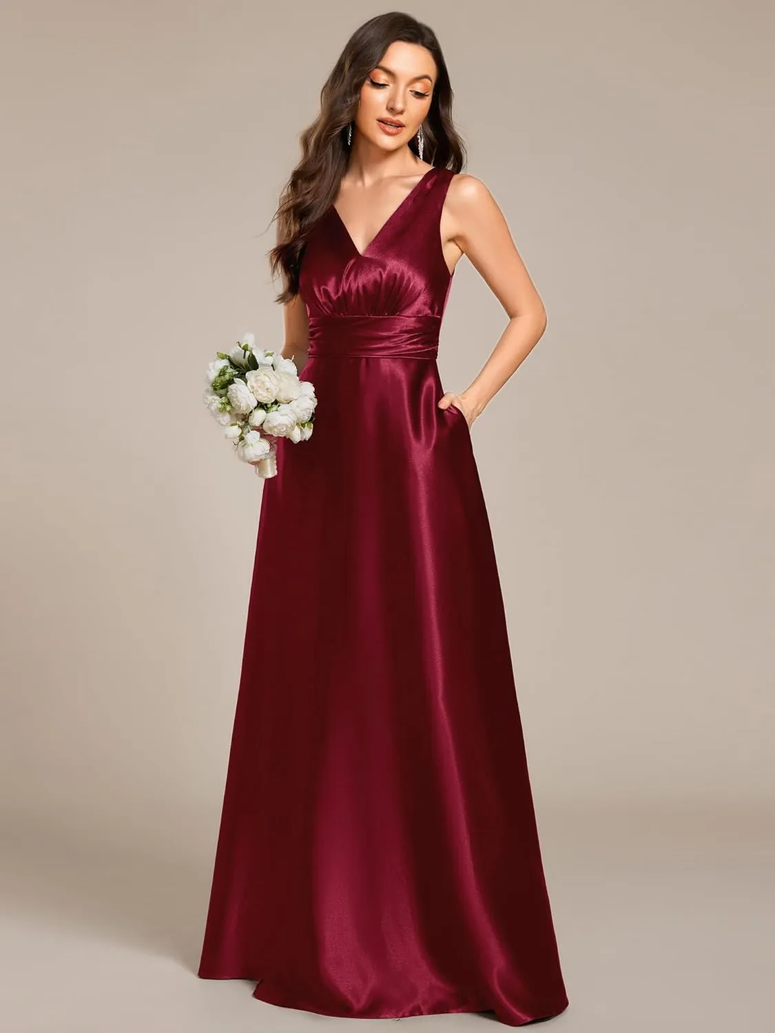 Ever-Pretty Women's Double-V-Neck Floor-Length Empire Waist Satin Formal Dress with Pockets 02326