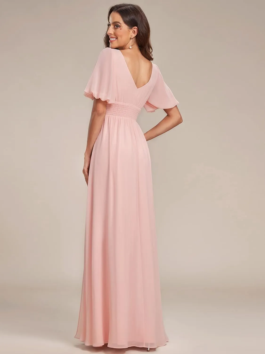 Ever-Pretty Women's Double V-Neck Puffy Sleeves Side Slit Chiffon A-Line Floor Length Evening Dresses 01385