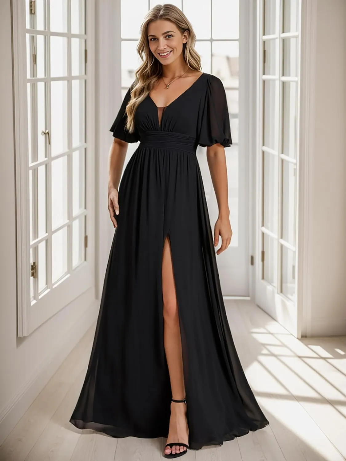 Ever-Pretty Women's Double V-Neck Puffy Sleeves Side Slit Chiffon A-Line Floor Length Evening Dresses 01385