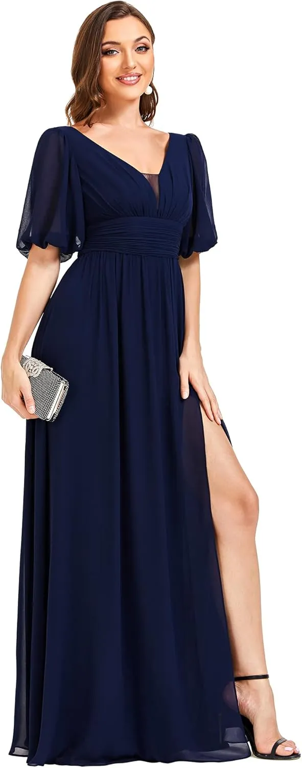 Ever-Pretty Women's Double V-Neck Puffy Sleeves Side Slit Chiffon A-Line Floor Length Evening Dresses 01385