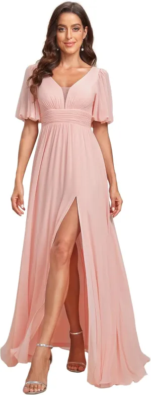 Ever-Pretty Women's Double V-Neck Puffy Sleeves Side Slit Chiffon A-Line Floor Length Evening Dresses 01385