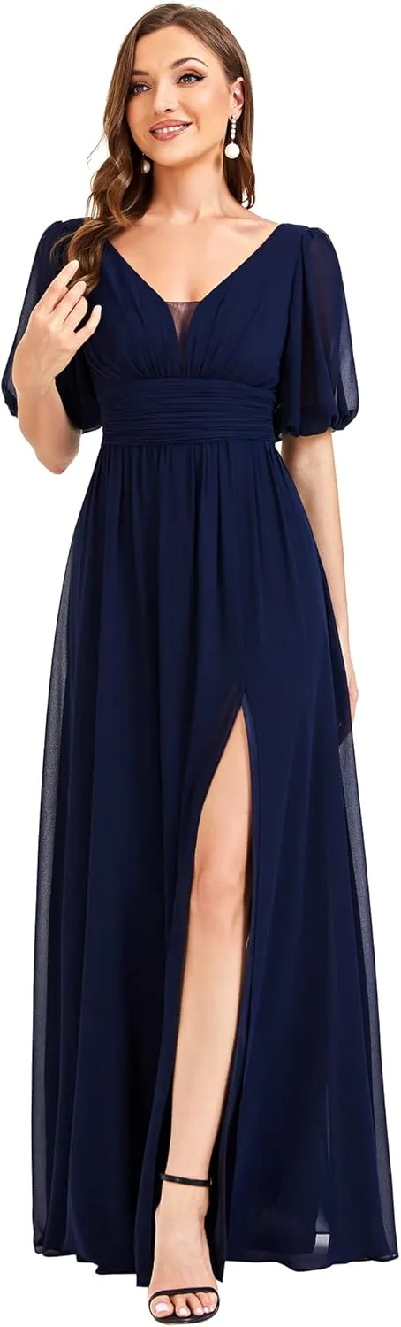 Ever-Pretty Women's Double V-Neck Puffy Sleeves Side Slit Chiffon A-Line Floor Length Evening Dresses 01385