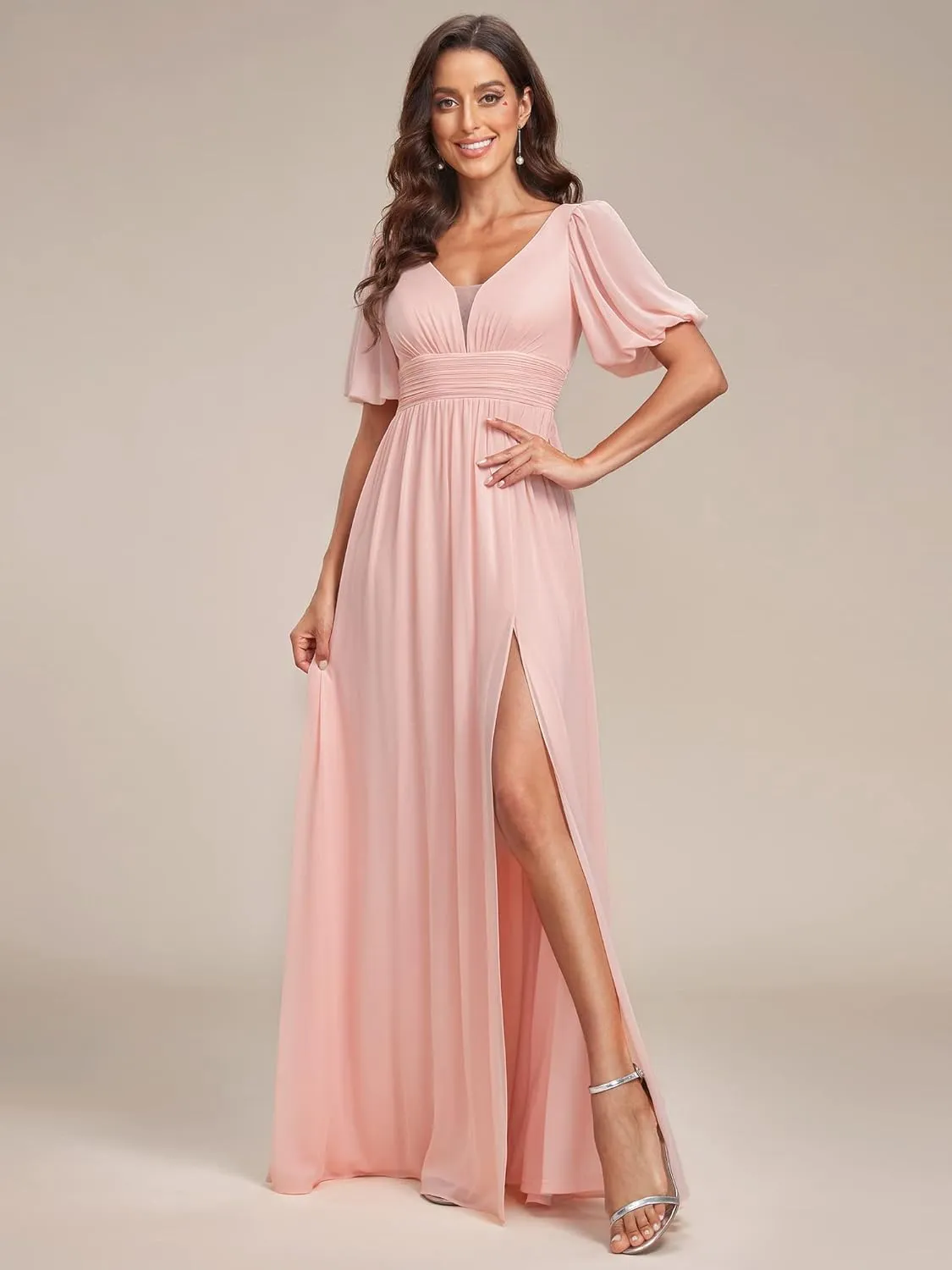 Ever-Pretty Women's Double V-Neck Puffy Sleeves Side Slit Chiffon A-Line Floor Length Evening Dresses 01385