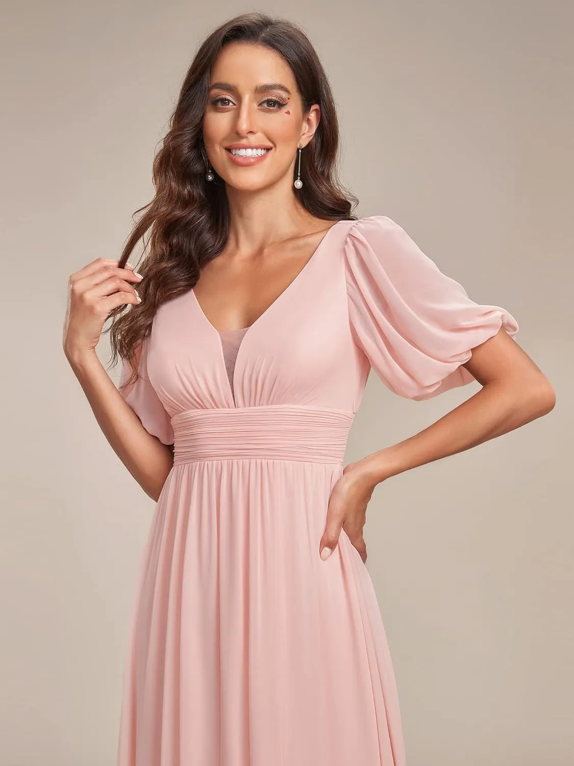 Ever-Pretty Women's Double V-Neck Puffy Sleeves Side Slit Chiffon A-Line Floor Length Evening Dresses 01385