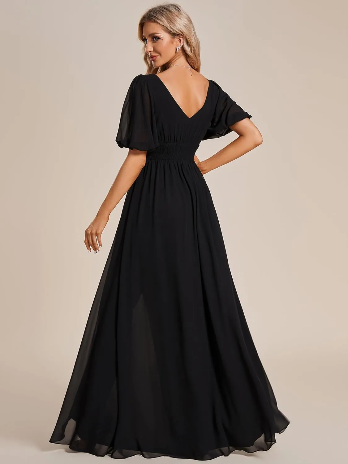 Ever-Pretty Women's Double V-Neck Puffy Sleeves Side Slit Chiffon A-Line Floor Length Evening Dresses 01385