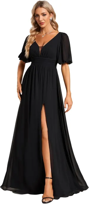 Ever-Pretty Women's Double V-Neck Puffy Sleeves Side Slit Chiffon A-Line Floor Length Evening Dresses 01385