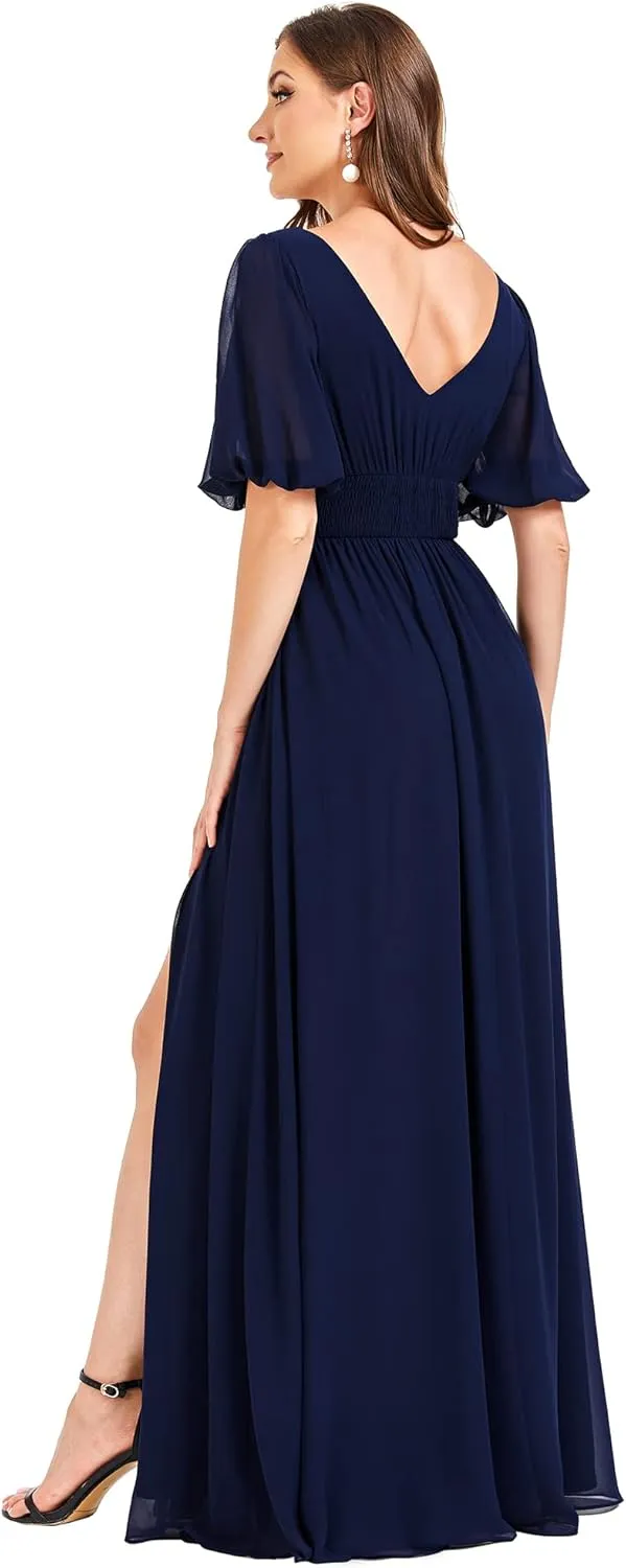 Ever-Pretty Women's Double V-Neck Puffy Sleeves Side Slit Chiffon A-Line Floor Length Evening Dresses 01385