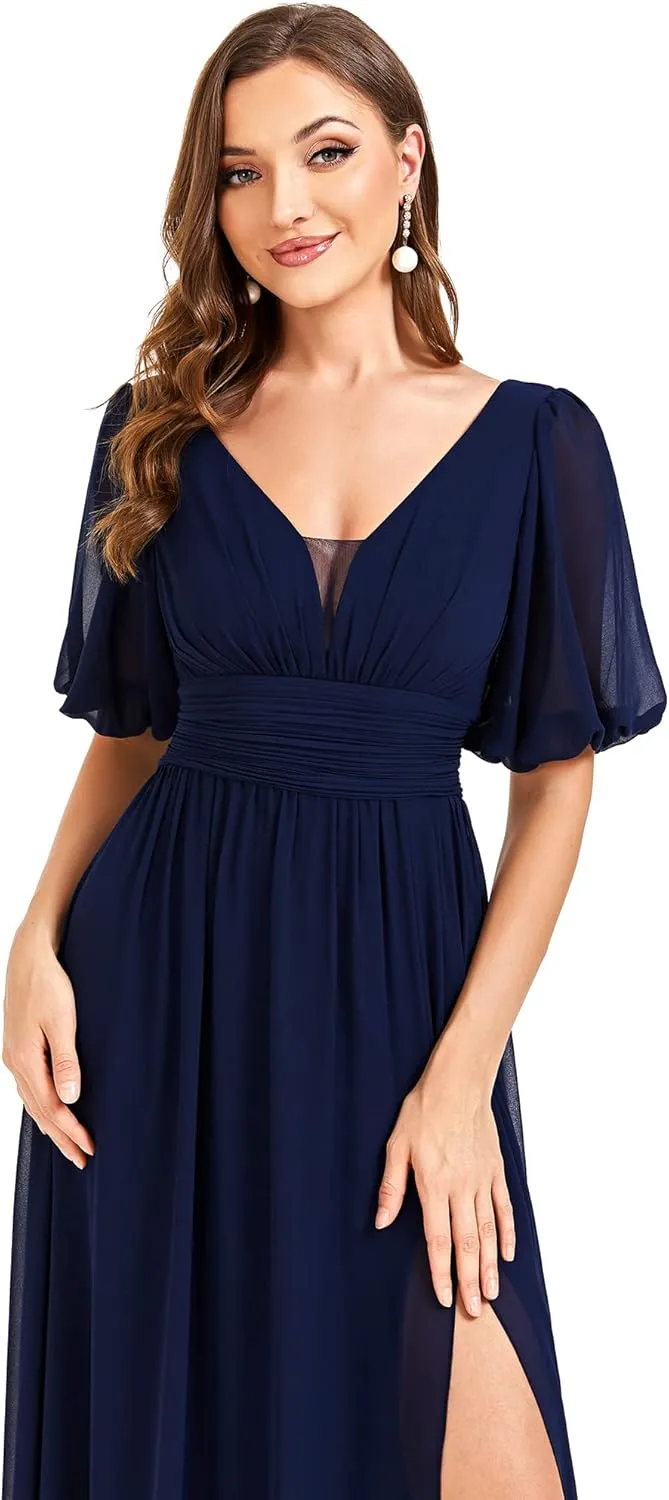 Ever-Pretty Women's Double V-Neck Puffy Sleeves Side Slit Chiffon A-Line Floor Length Evening Dresses 01385