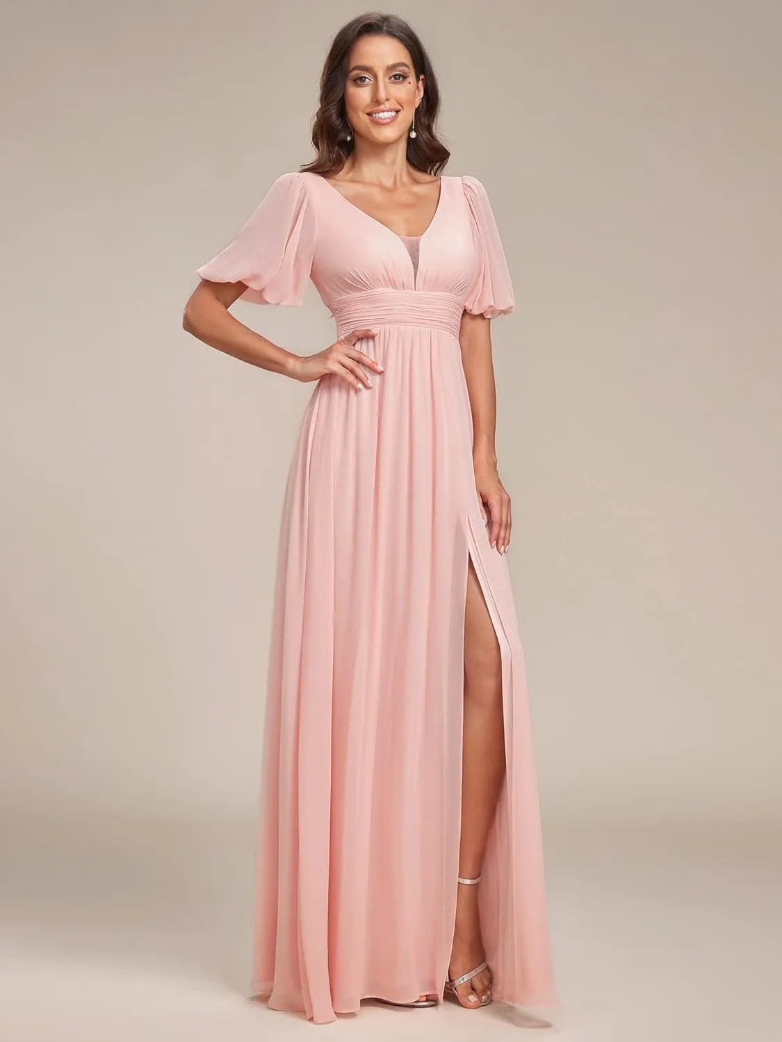 Ever-Pretty Women's Double V-Neck Puffy Sleeves Side Slit Chiffon A-Line Floor Length Evening Dresses 01385