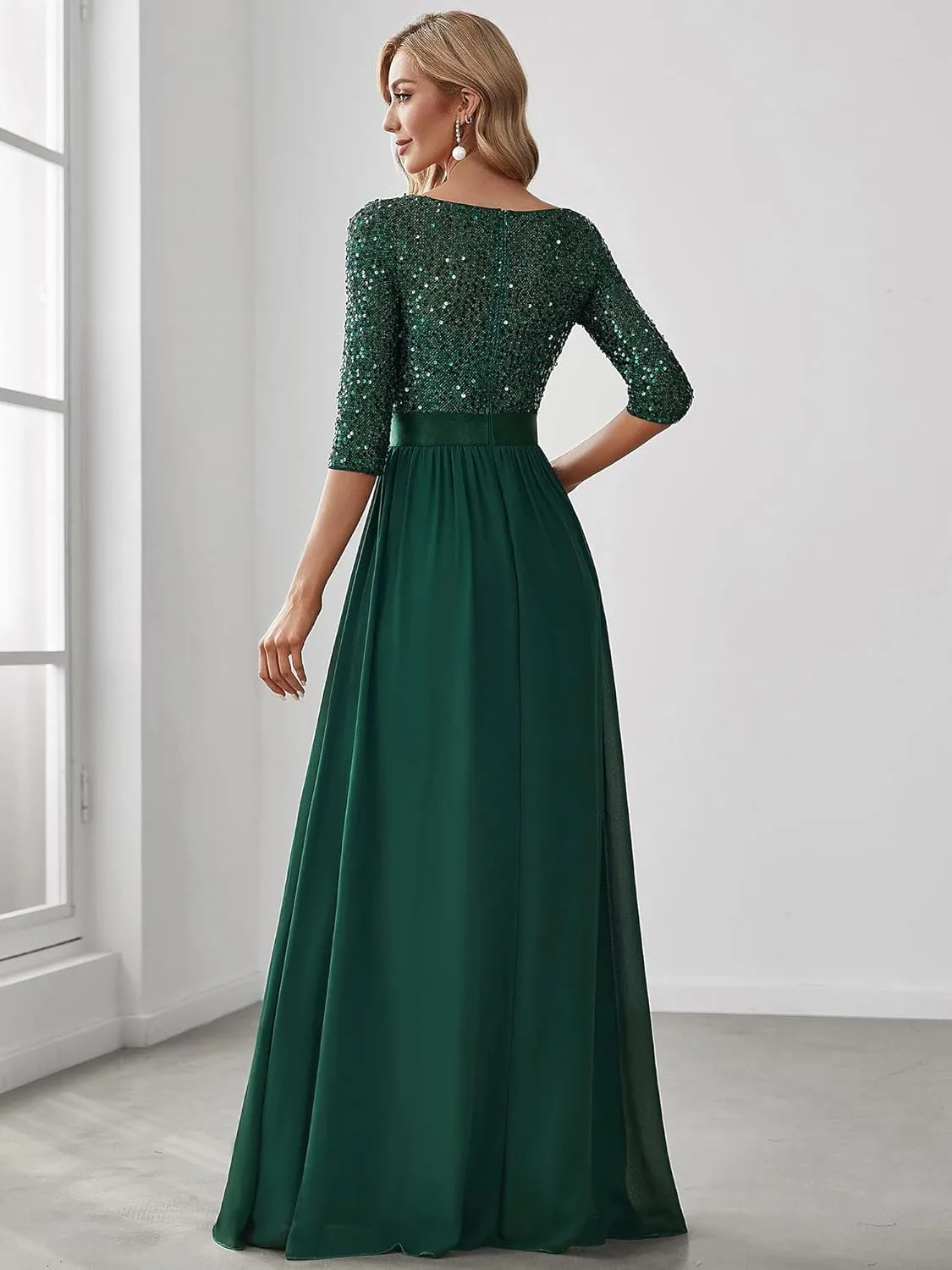 Ever-Pretty Women's Elegant A Line Crew Neck Half Sleeve Sequin Maxi Evening Dress 00683