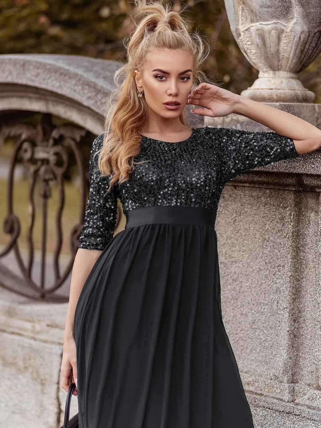 Ever-Pretty Women's Elegant A Line Crew Neck Half Sleeve Sequin Maxi Evening Dress 00683