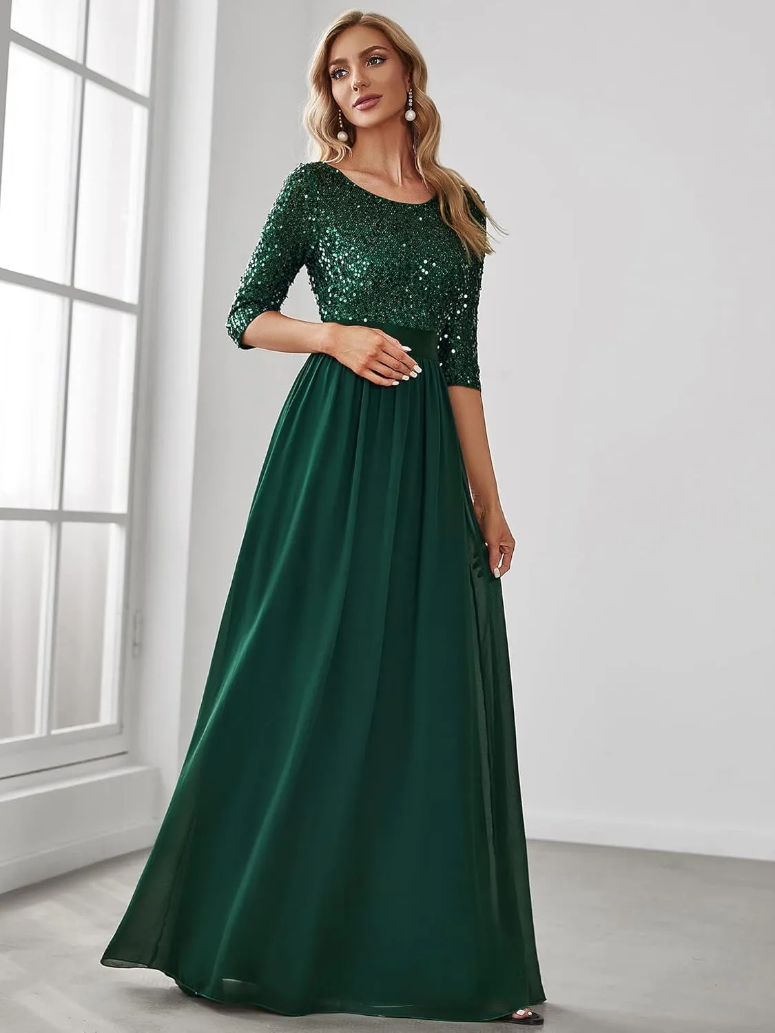 Ever-Pretty Women's Elegant A Line Crew Neck Half Sleeve Sequin Maxi Evening Dress 00683