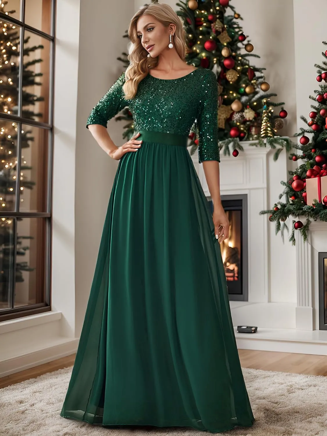 Ever-Pretty Women's Elegant A Line Crew Neck Half Sleeve Sequin Maxi Evening Dress 00683