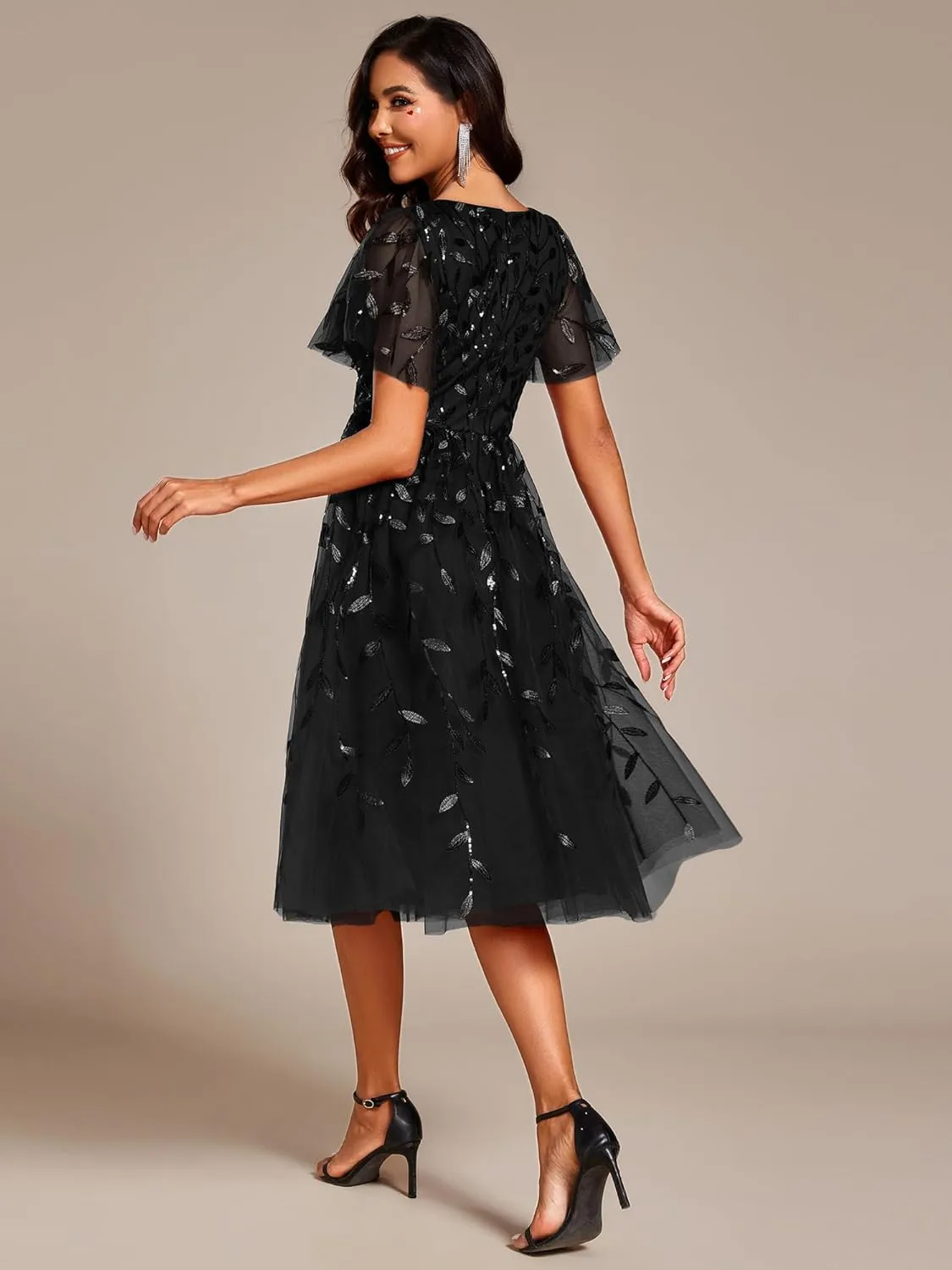 Ever-Pretty Women's Elegant A Line Embroidery Tulle Sequins Short Sleeves Midi Wedding Guest Dress 02230