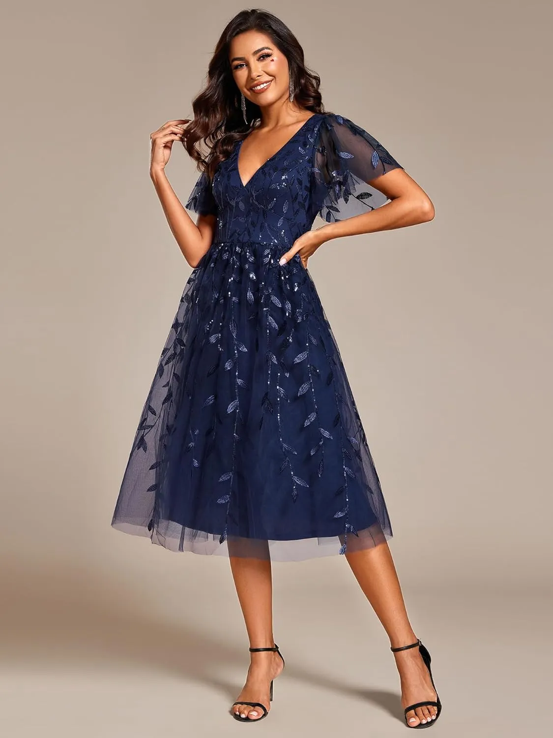 Ever-Pretty Women's Elegant A Line Embroidery Tulle Sequins Short Sleeves Midi Wedding Guest Dress 02230