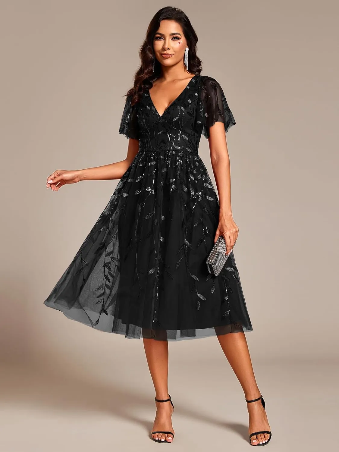 Ever-Pretty Women's Elegant A Line Embroidery Tulle Sequins Short Sleeves Midi Wedding Guest Dress 02230