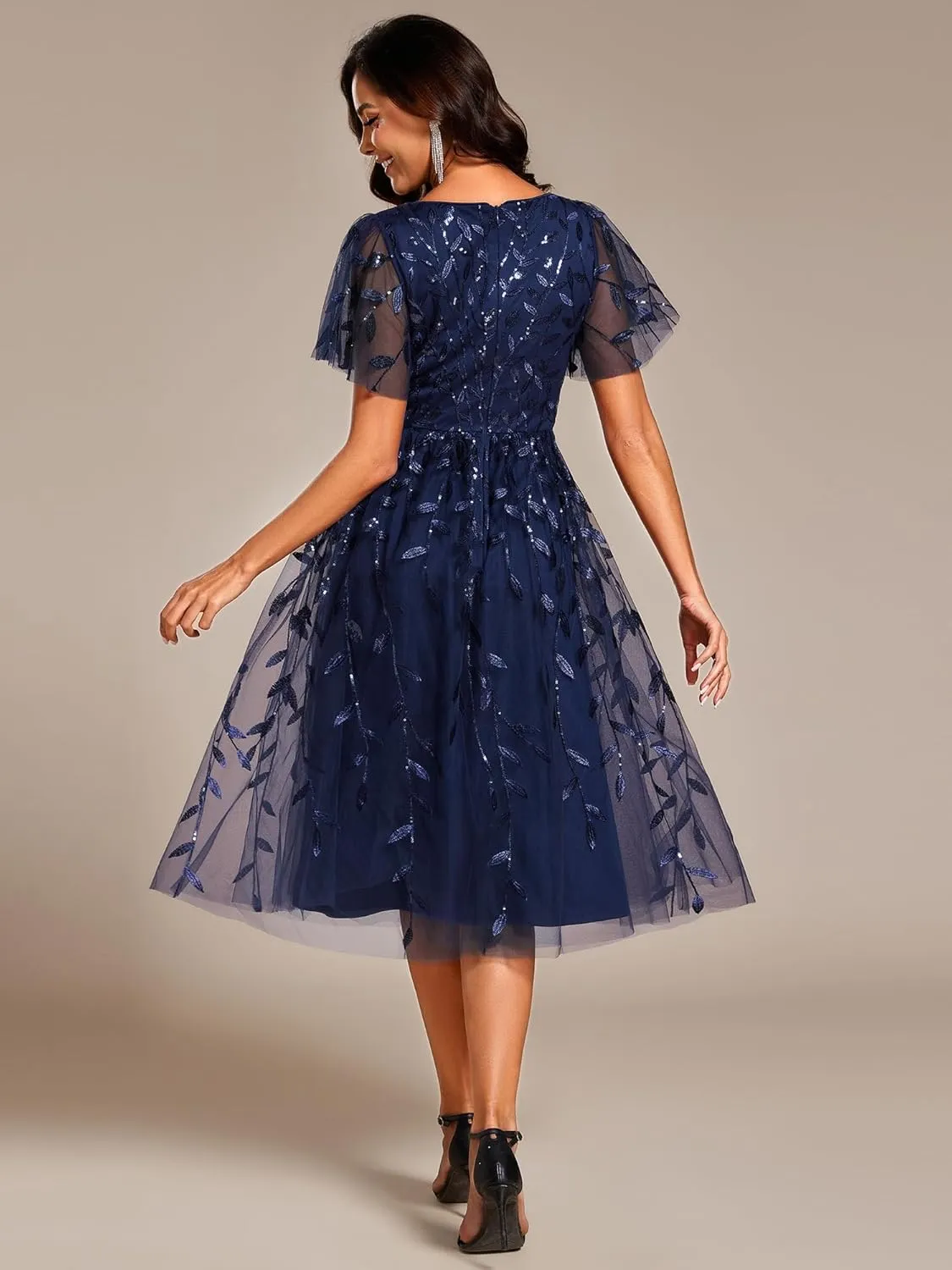 Ever-Pretty Women's Elegant A Line Embroidery Tulle Sequins Short Sleeves Midi Wedding Guest Dress 02230