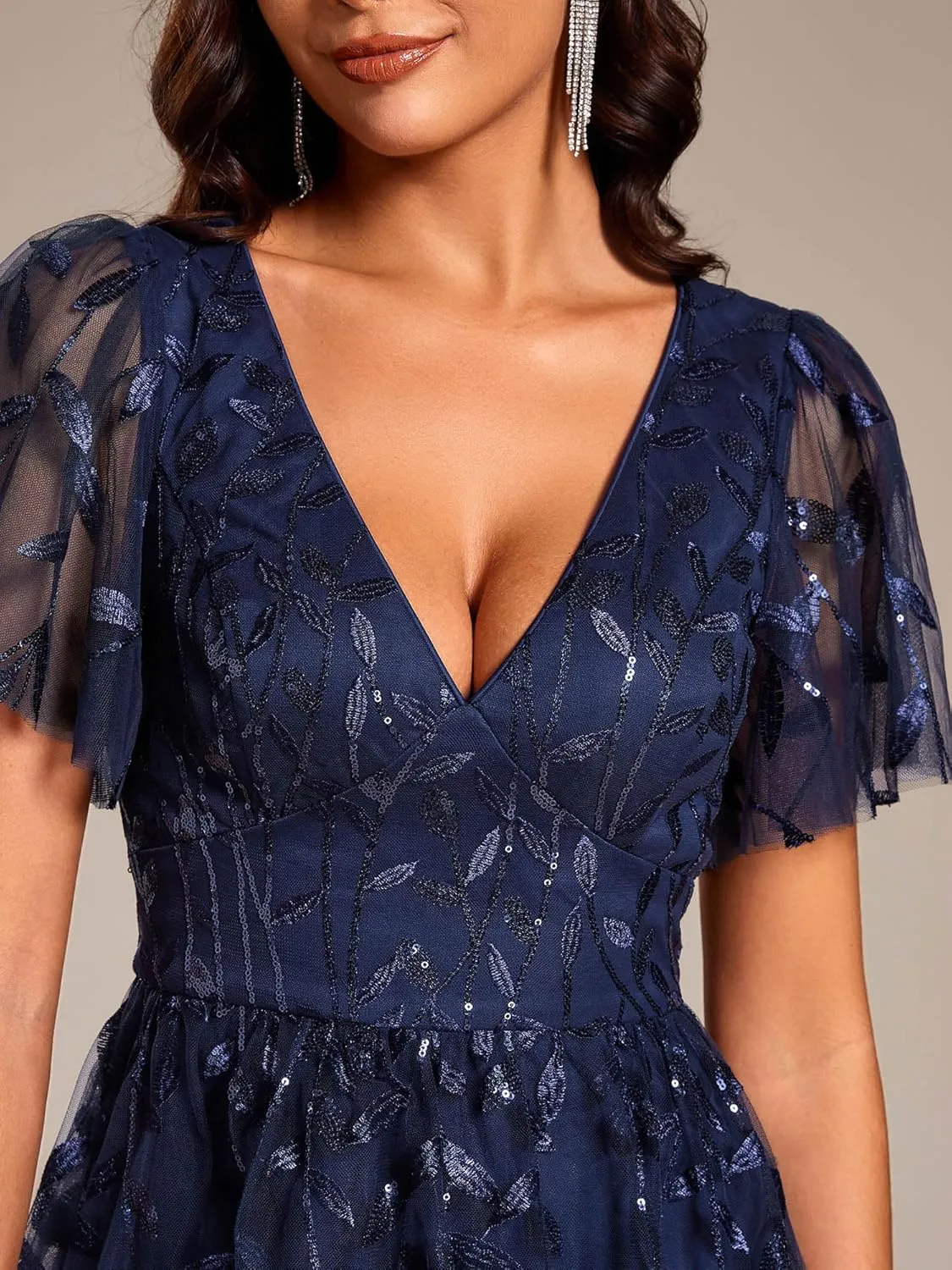 Ever-Pretty Women's Elegant A Line Embroidery Tulle Sequins Short Sleeves Midi Wedding Guest Dress 02230