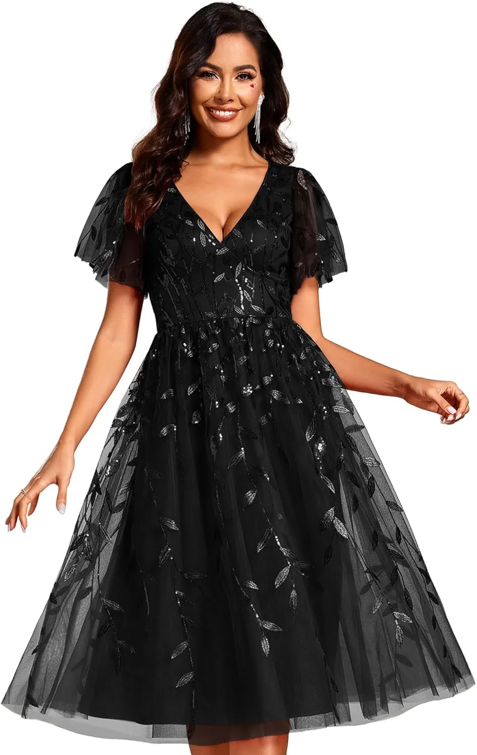 Ever-Pretty Women's Elegant A Line Embroidery Tulle Sequins Short Sleeves Midi Wedding Guest Dress 02230