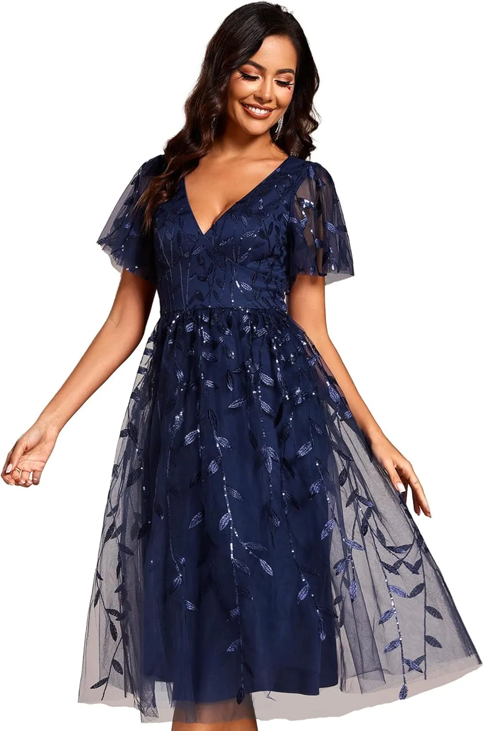 Ever-Pretty Women's Elegant A Line Embroidery Tulle Sequins Short Sleeves Midi Wedding Guest Dress 02230