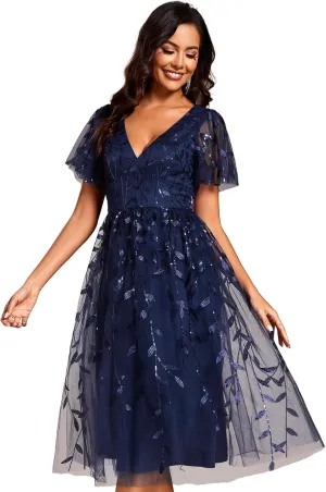 Ever-Pretty Women's Elegant A Line Embroidery Tulle Sequins Short Sleeves Midi Wedding Guest Dress 02230