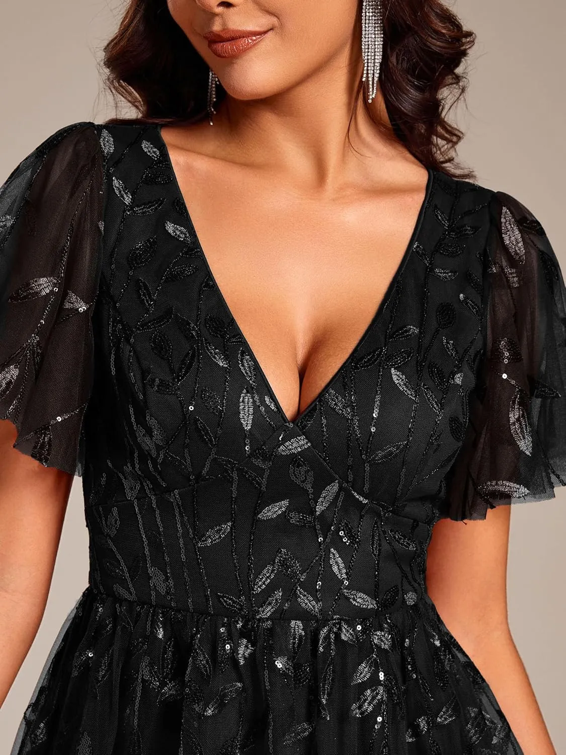 Ever-Pretty Women's Elegant A Line Embroidery Tulle Sequins Short Sleeves Midi Wedding Guest Dress 02230