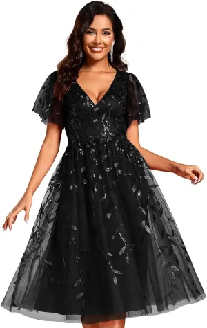 Ever-Pretty Women's Elegant A Line Embroidery Tulle Sequins Short Sleeves Midi Wedding Guest Dress 02230