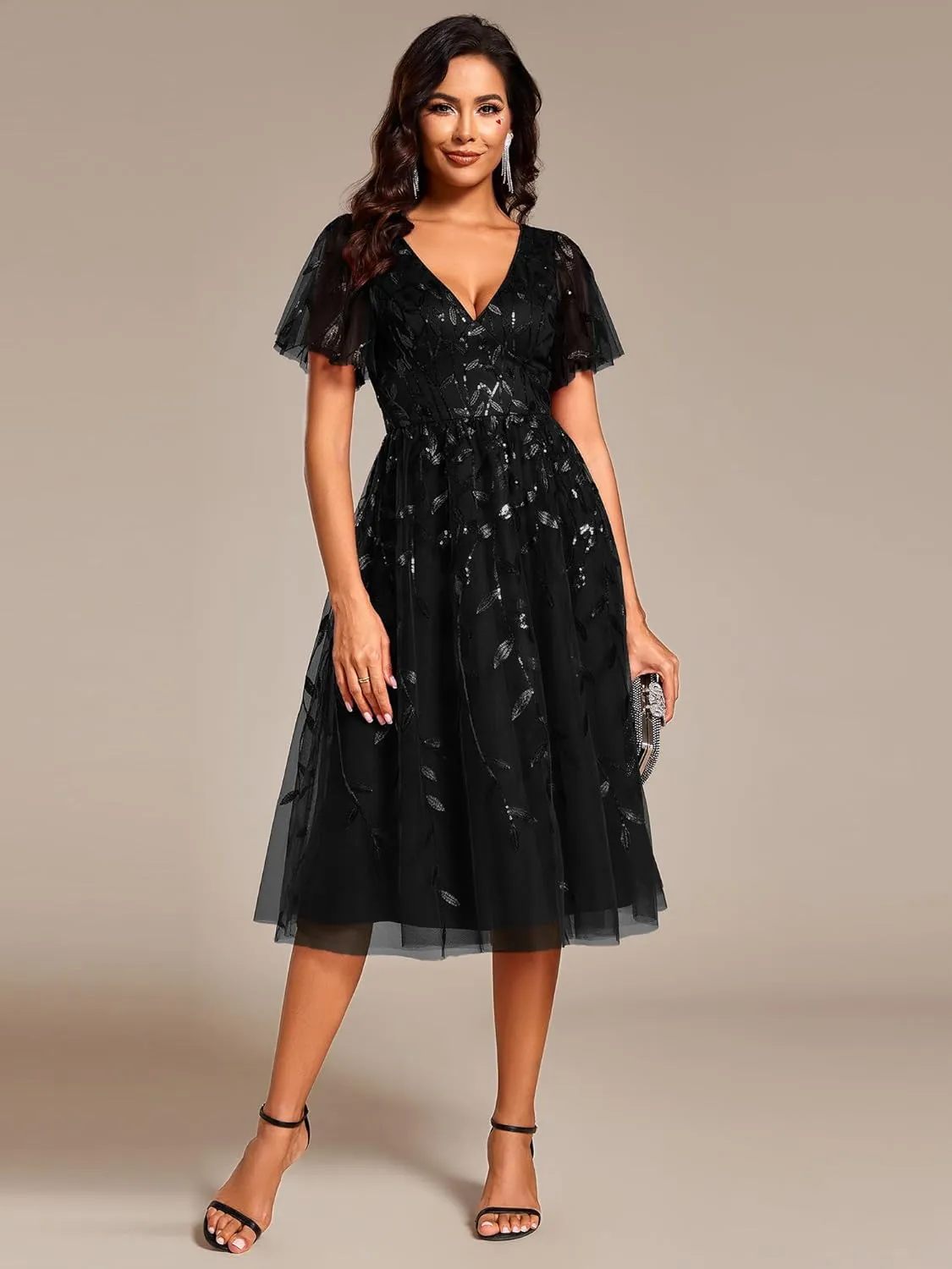 Ever-Pretty Women's Elegant A Line Embroidery Tulle Sequins Short Sleeves Midi Wedding Guest Dress 02230