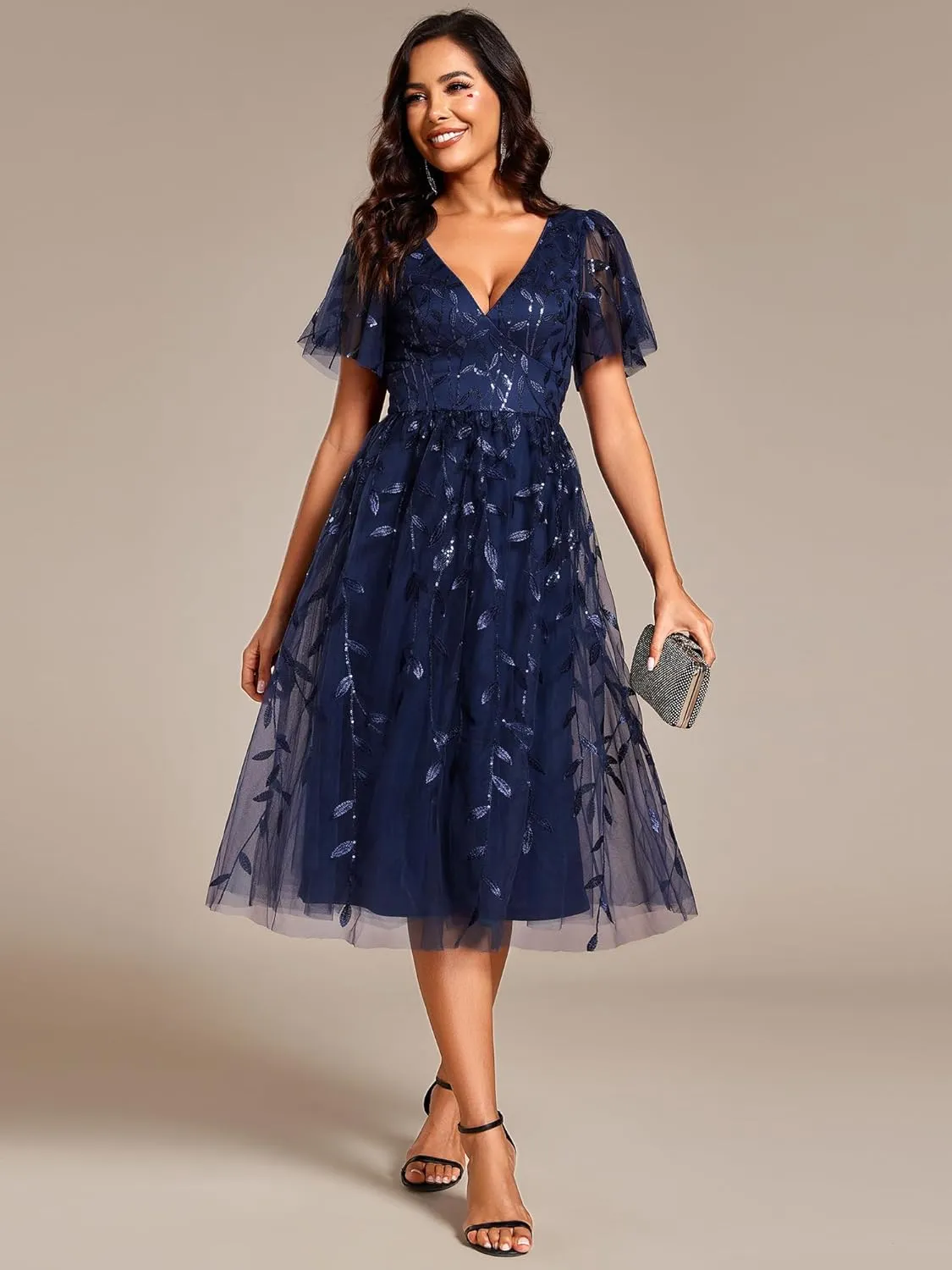 Ever-Pretty Women's Elegant A Line Embroidery Tulle Sequins Short Sleeves Midi Wedding Guest Dress 02230