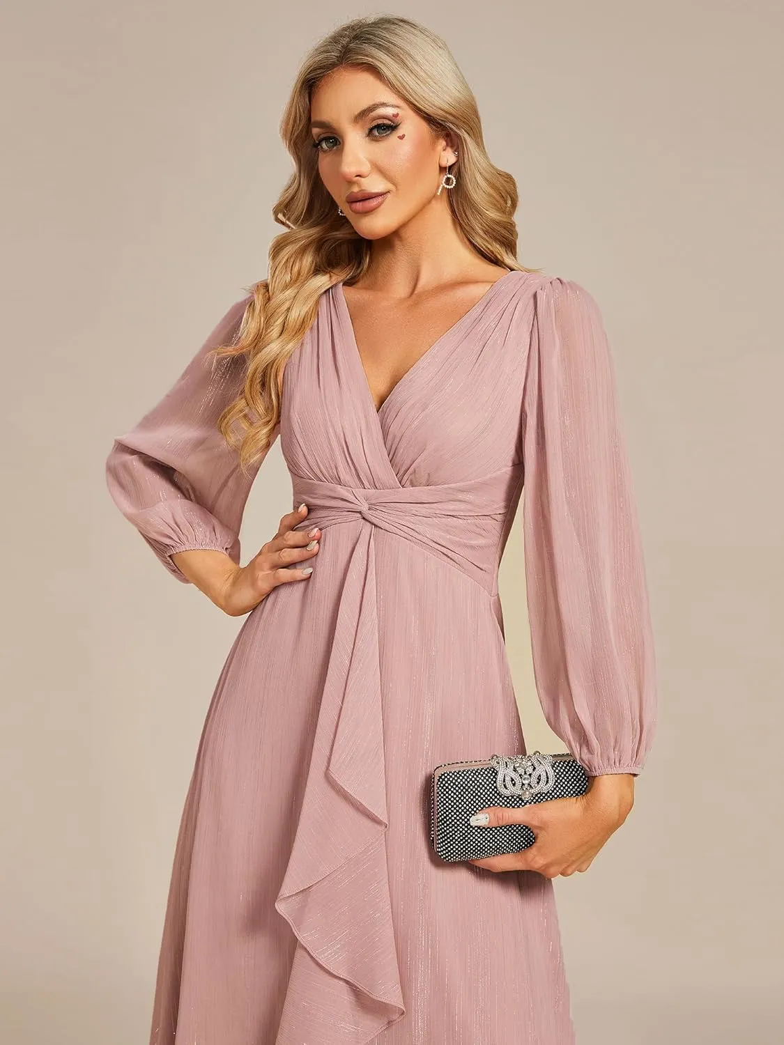 Ever-Pretty Women's Elegant A Line Ruched V Neck Long Sleeves Tea-Length Wedding Guest Dresses 01977