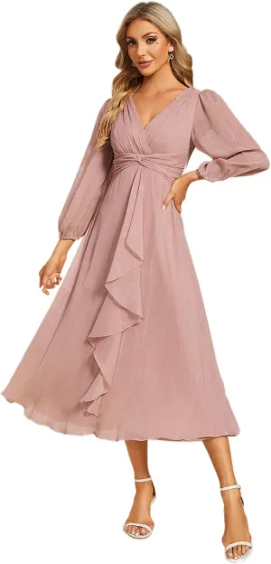 Ever-Pretty Women's Elegant A Line Ruched V Neck Long Sleeves Tea-Length Wedding Guest Dresses 01977