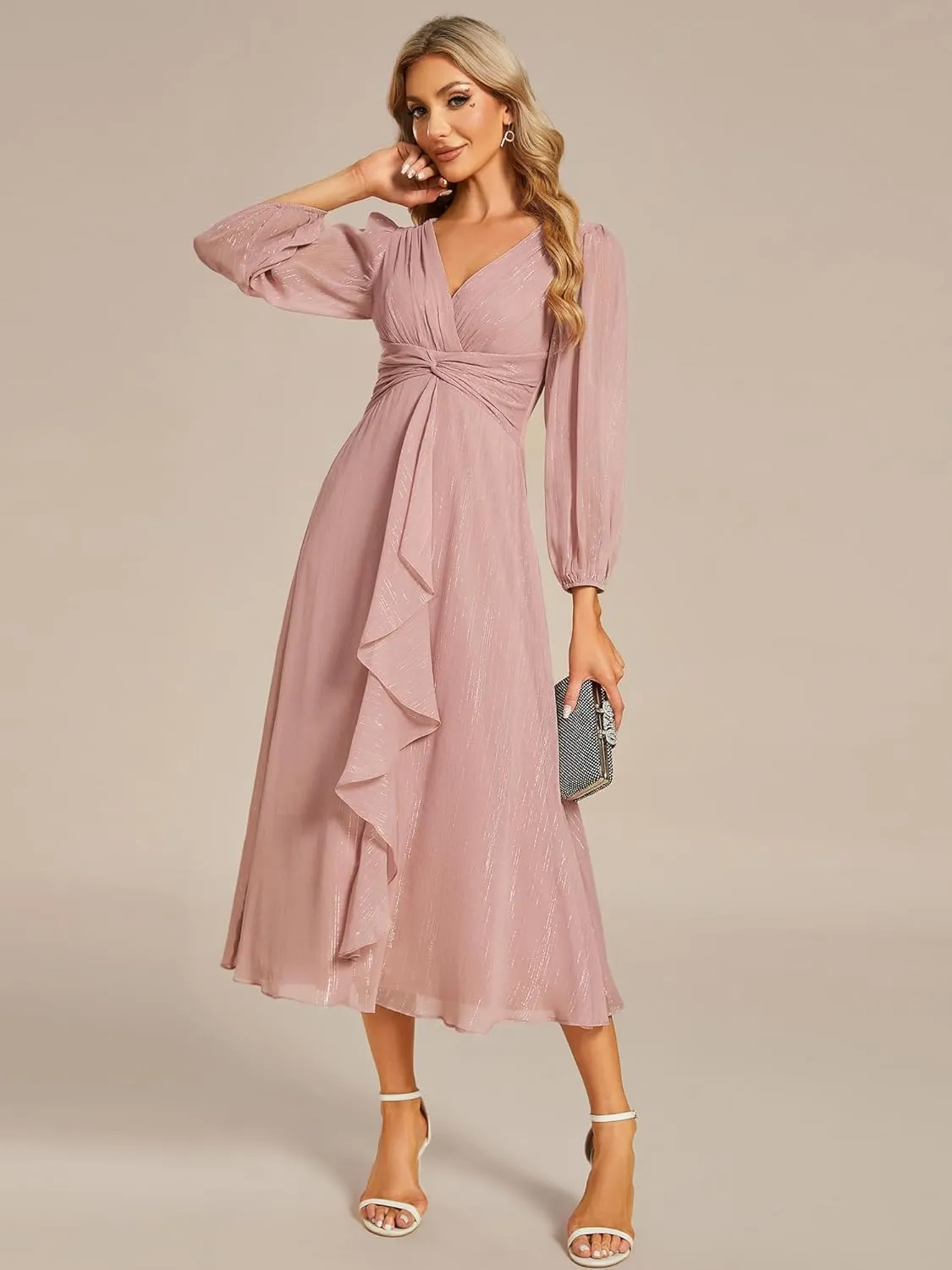 Ever-Pretty Women's Elegant A Line Ruched V Neck Long Sleeves Tea-Length Wedding Guest Dresses 01977