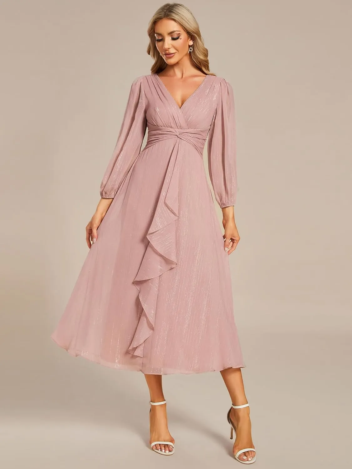 Ever-Pretty Women's Elegant A Line Ruched V Neck Long Sleeves Tea-Length Wedding Guest Dresses 01977