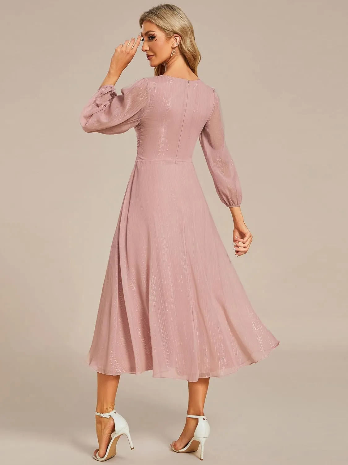 Ever-Pretty Women's Elegant A Line Ruched V Neck Long Sleeves Tea-Length Wedding Guest Dresses 01977