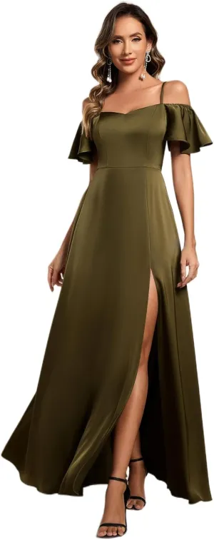 Ever-Pretty Women's Elegant Cold Shoulder Floor-Length A-Line Side Slit Satin Formal Dress 00437