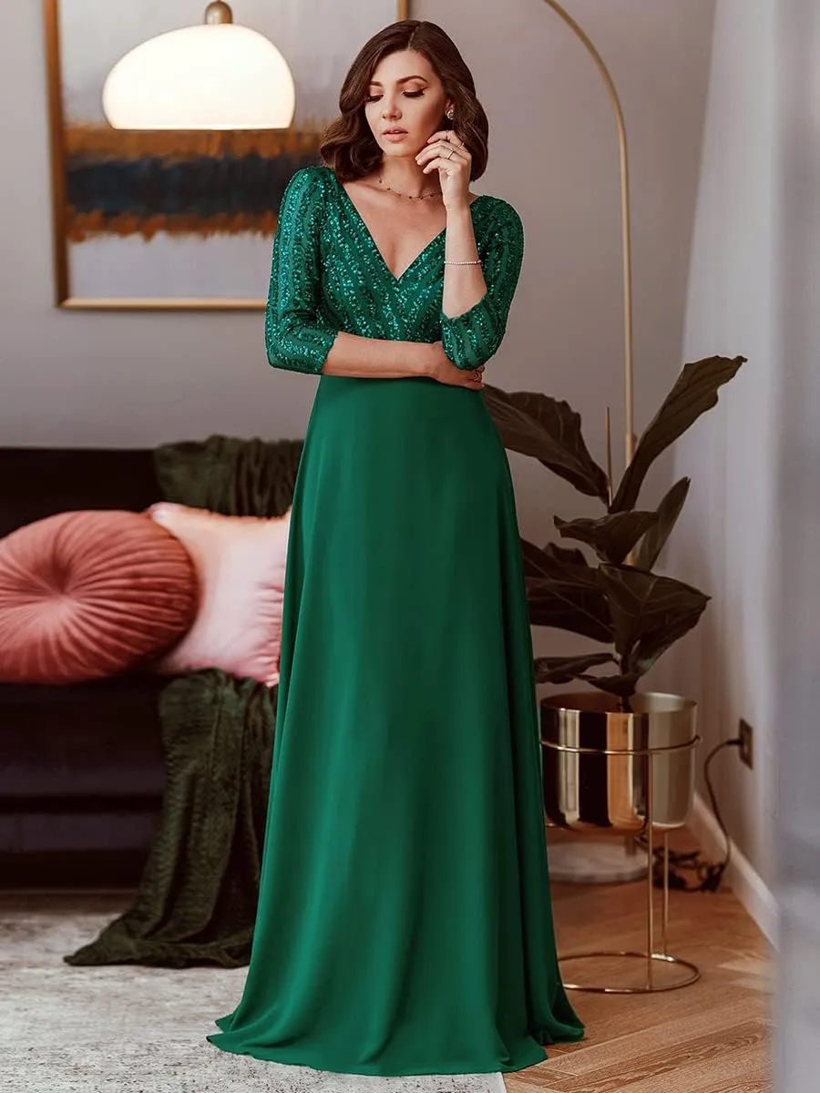 Ever-Pretty Women's Elegant Formal Dress V-Neck Long Sleeve Sequin Maxi Chiffon Evening Dresses 00751