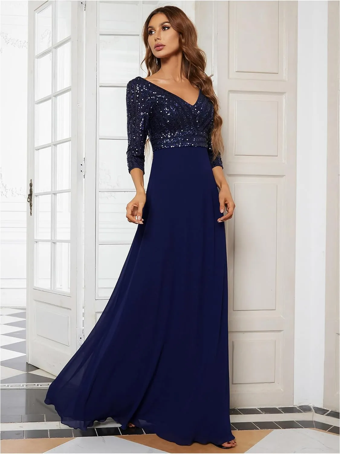 Ever-Pretty Women's Elegant Formal Dress V-Neck Long Sleeve Sequin Maxi Chiffon Evening Dresses 00751