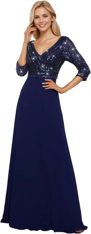 Ever-Pretty Women's Elegant Formal Dress V-Neck Long Sleeve Sequin Maxi Chiffon Evening Dresses 00751