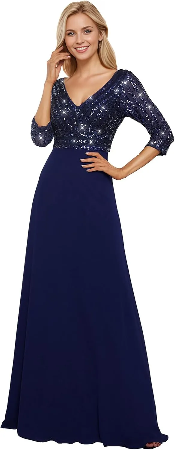 Ever-Pretty Women's Elegant Formal Dress V-Neck Long Sleeve Sequin Maxi Chiffon Evening Dresses 00751