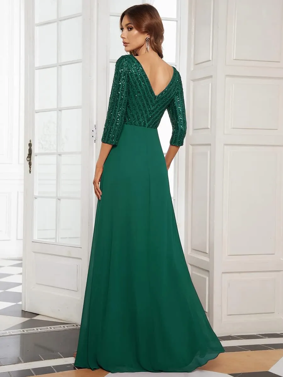 Ever-Pretty Women's Elegant Formal Dress V-Neck Long Sleeve Sequin Maxi Chiffon Evening Dresses 00751