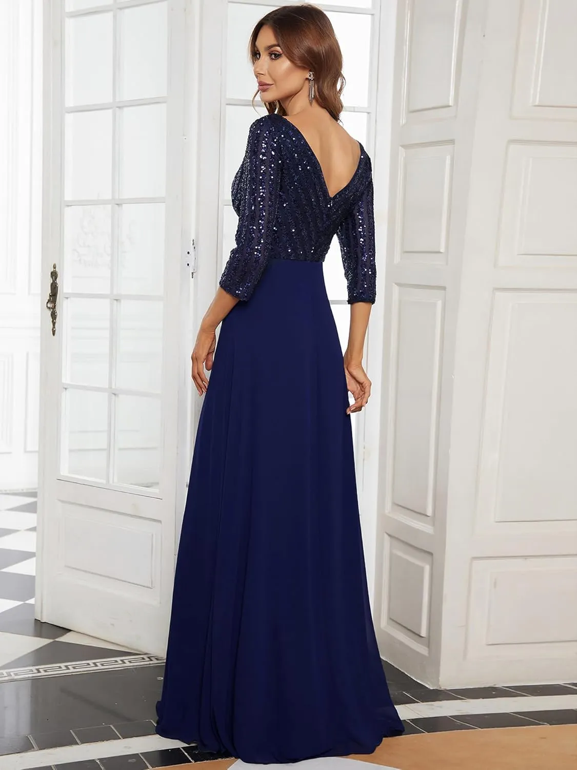 Ever-Pretty Women's Elegant Formal Dress V-Neck Long Sleeve Sequin Maxi Chiffon Evening Dresses 00751