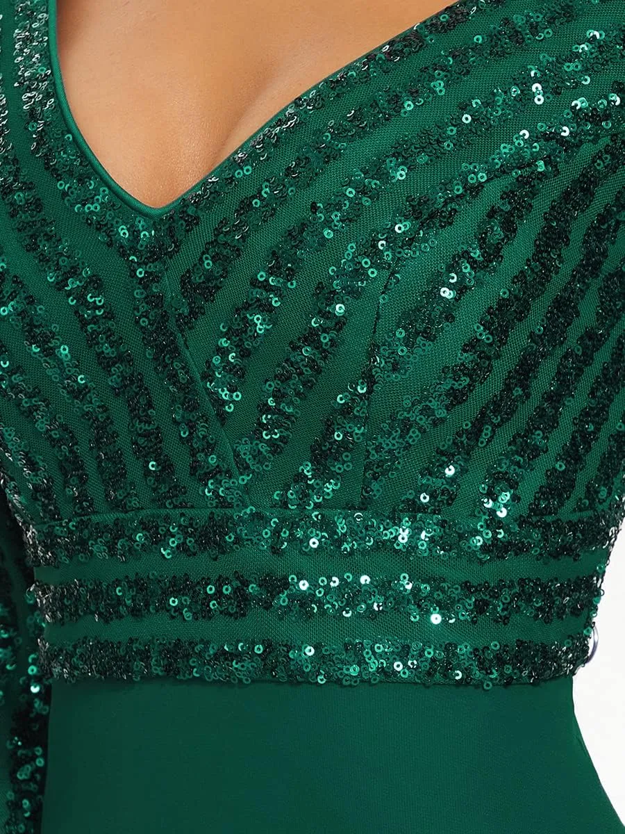 Ever-Pretty Women's Elegant Formal Dress V-Neck Long Sleeve Sequin Maxi Chiffon Evening Dresses 00751