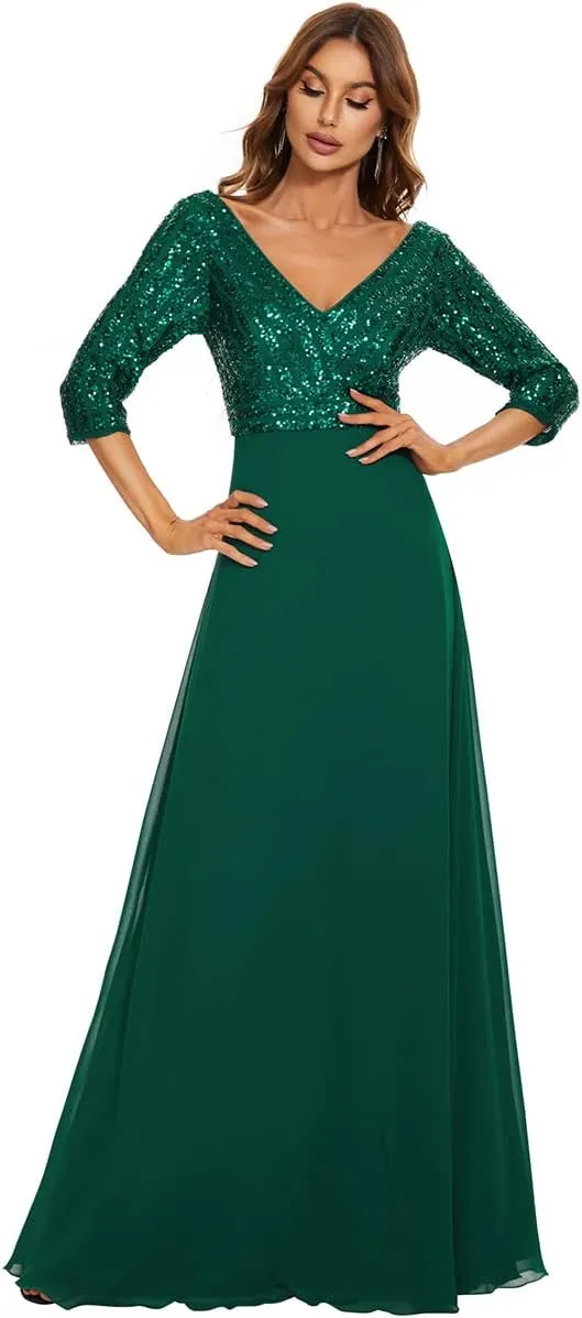 Ever-Pretty Women's Elegant Formal Dress V-Neck Long Sleeve Sequin Maxi Chiffon Evening Dresses 00751