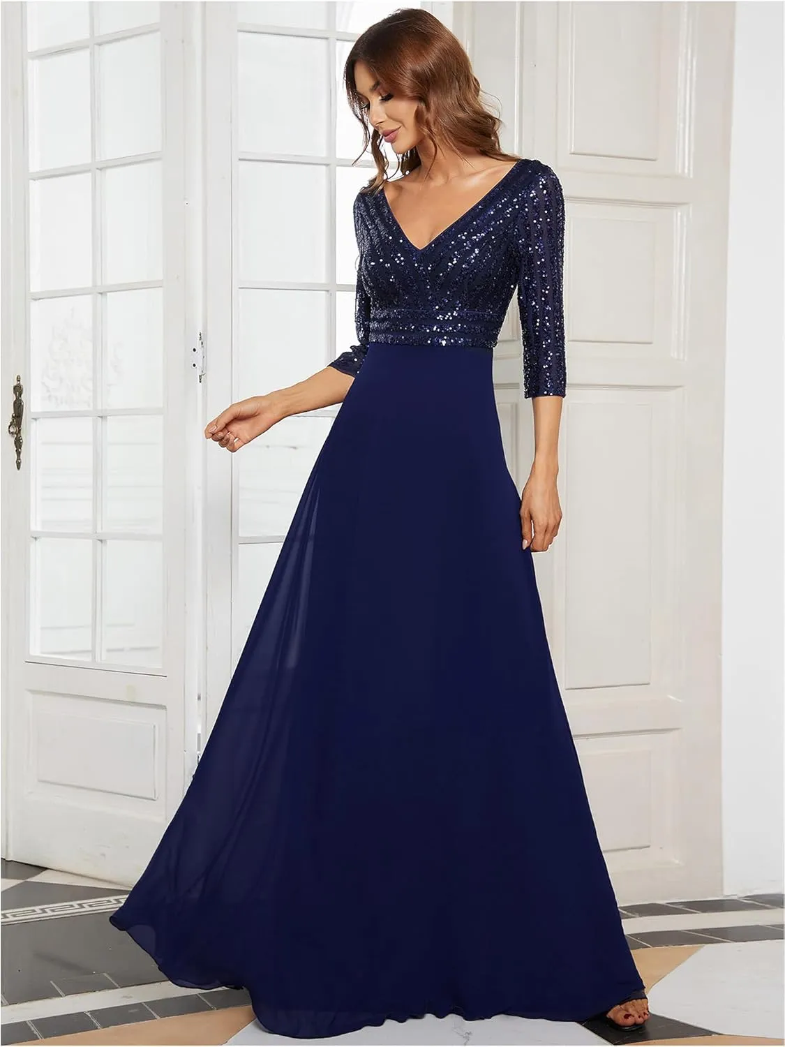 Ever-Pretty Women's Elegant Formal Dress V-Neck Long Sleeve Sequin Maxi Chiffon Evening Dresses 00751