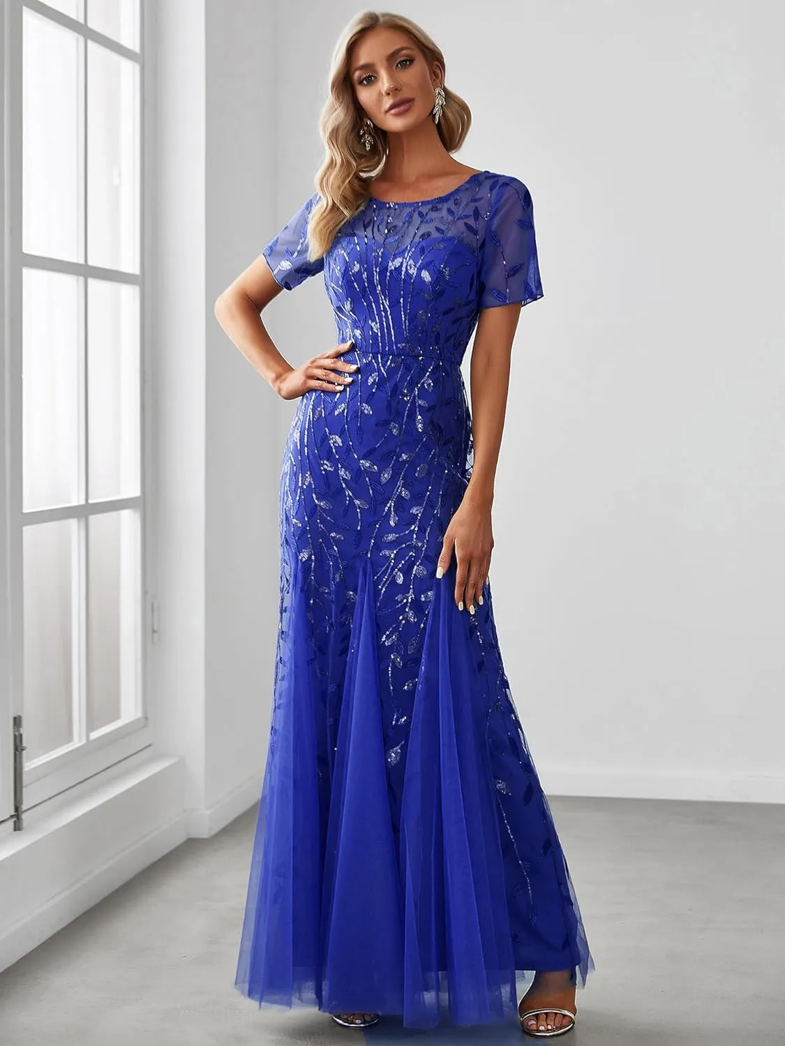 Ever-Pretty Women's Elegant Illusion Short Sleeve Crew Neck Sequin Embroidery Mermaid Evening Dresses 07707