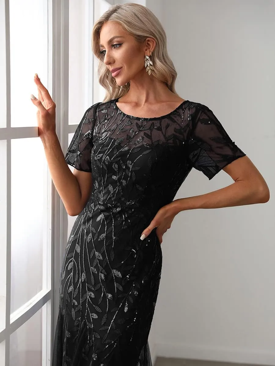 Ever-Pretty Women's Elegant Illusion Short Sleeve Crew Neck Sequin Embroidery Mermaid Evening Dresses 07707