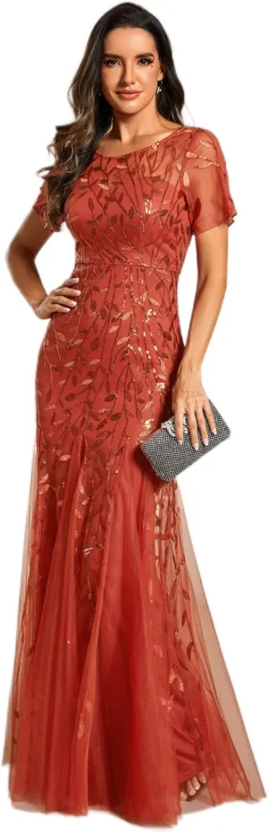 Ever-Pretty Women's Elegant Illusion Short Sleeve Crew Neck Sequin Embroidery Mermaid Evening Dresses 07707