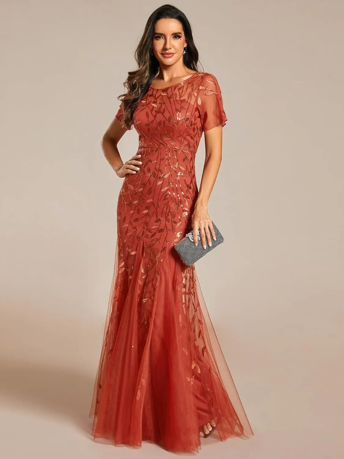 Ever-Pretty Women's Elegant Illusion Short Sleeve Crew Neck Sequin Embroidery Mermaid Evening Dresses 07707